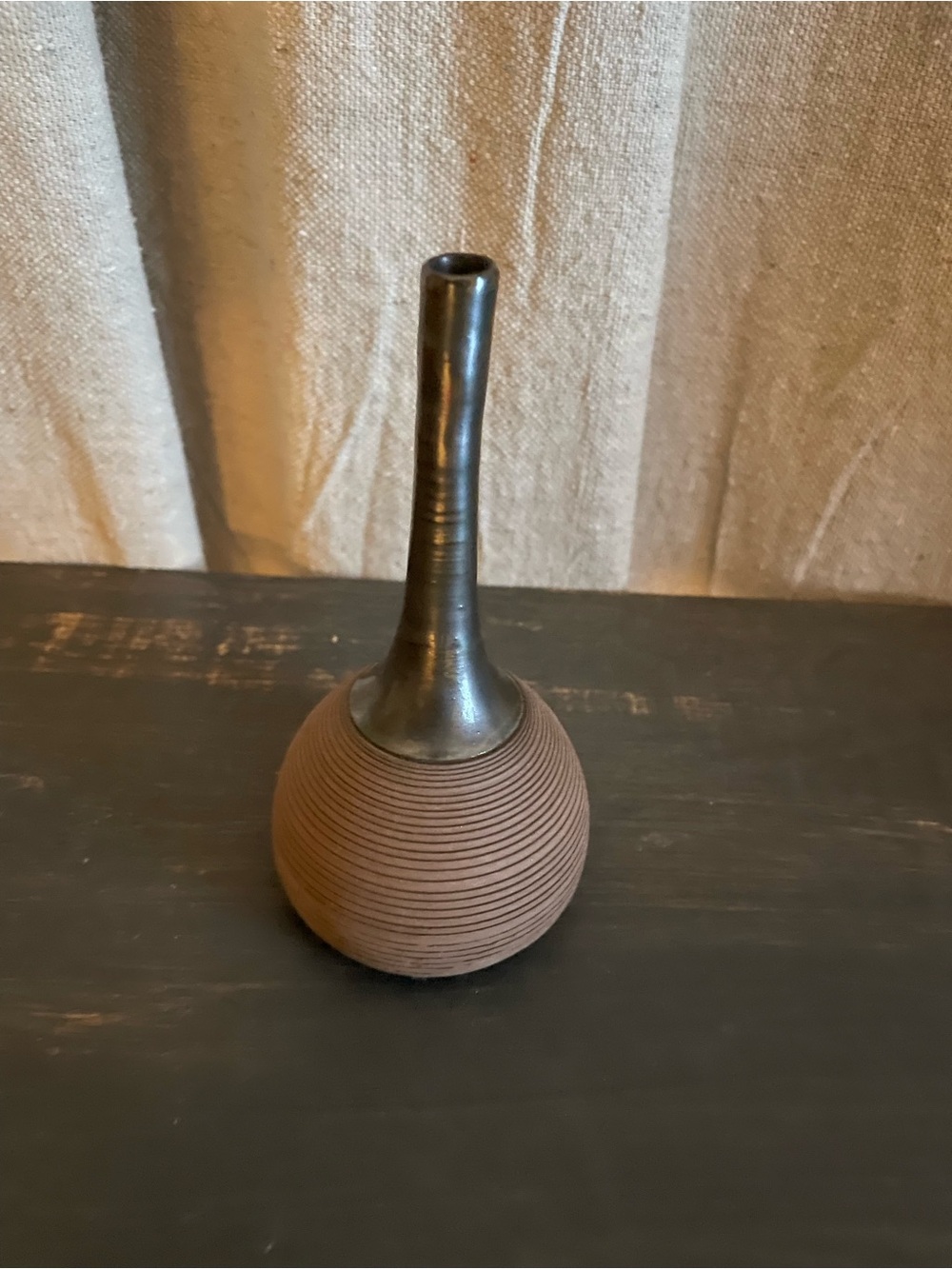 David Cruz Brown Ribbed Ceramic Vase with Brass-Tone Neck